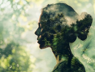 Double exposure portrait melding a woman with nature, symbolizing tranquility and unity