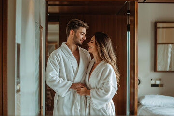 romantic couple in white hotel robes at a spa weekend getaway