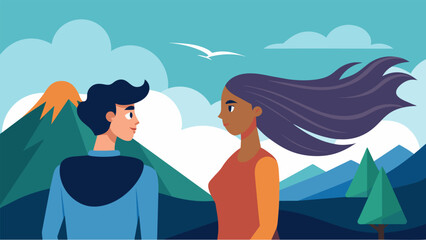 With the wind in their hair and the mountains in the distance they explored their different views on politics and social issues.. Vector illustration