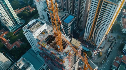 Fototapeta premium photo of construction site with Tower crane building skyscraper