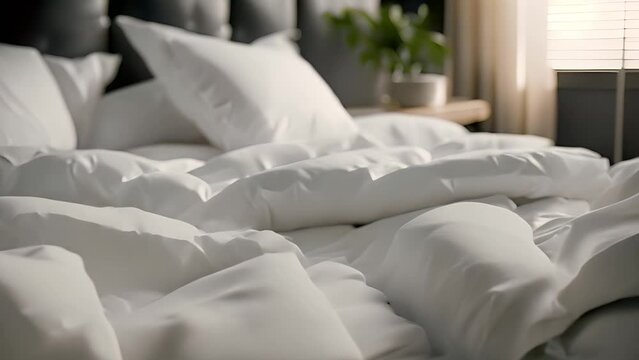 Unmade Bed With White Sheets and Pillows Generative AI