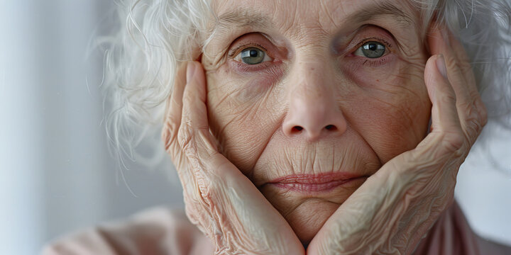 old woman covers her face with her hands in panic forgetting her name. Mental disorder at old age concept