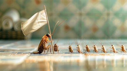 Rebellious Cockroach with Flag Leading a Line of Insects, Humorous Takeover