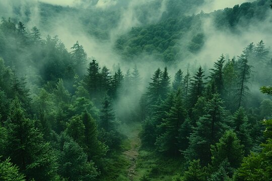 Healthy green trees in a forest of old spruce, fir and pine. Spruce trees down the hill to coniferous forest in fog at sunrise . drone view