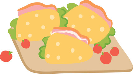 Three sandwiches ham, cheese, lettuce cutting board, flat vector illustration snacks. Red tomatoes next lunch meal, cartoon representation food items. Colorful pic sandwiches, quick prepare meal