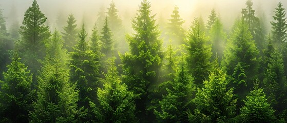 Healthy green trees in a forest of old spruce, fir and pine. Spruce trees down the hill to coniferous forest in fog at sunrise . drone view