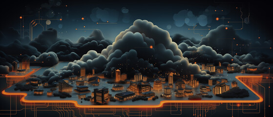 Surreal Urban Landscape with Clouds and Circuitry Overlay