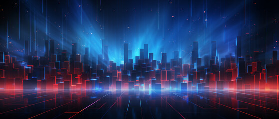 Futuristic Digital Cityscape with Blue and Red Neon Lights