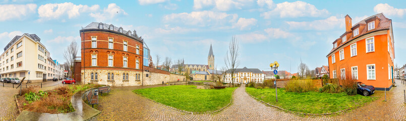 scenic panoramic view oto the building of the  archbishop in Paderborn in rainy weather