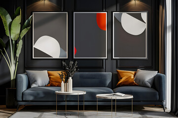 Living room with 3 three accent canvas square painting picture. Frames for art on a black wall. Gallery in dark colors with a gray sofa or couch. Rich exhibition mockup layout triptych. 3d render