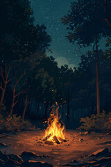 An isolated bonfire in the middle of a forest at night