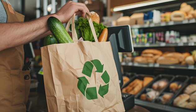 A man's hand holds an eco-friendly paper bag with a green recycling logo filled with fresh vegetables and bread in a supermarket.