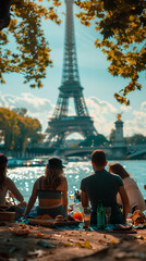 Tourists having a picnic in Paris Eiffel Tower Seine River while on vacation for the Olympics 