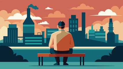 A man sat alone on a bench gazing at a painting of a bustling cityscape from the Industrial Revolution while contemplating the impact of the period on. Vector illustration