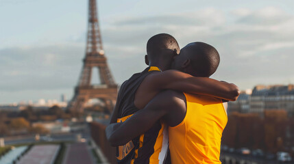 African Olympians embracing in Paris, embodying the spirit of inclusion