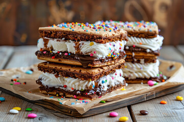 Delicious Summer Ice Cream Sandwiches on a Wooden Table