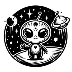 Obraz premium Eine minimalistische schwarz weiße Vektorgrafik eines kleinen Aliens