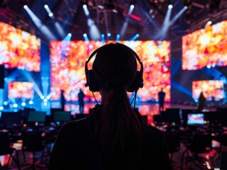 A woman wearing headphones is standing in front of a large stage with bright lights.
