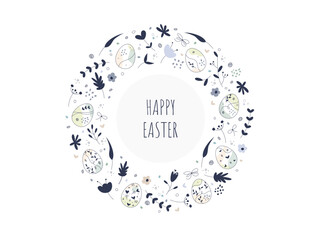 Happy Easter Doodle Frame. Easter eggs with simple floral pattern. Circle composition. Vector design for greeting card, banner, background or invitation