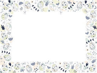 Happy Easter Doodle frame. Horizontal Floral Design. Vector copy space Background for greeting card, banner or invitation