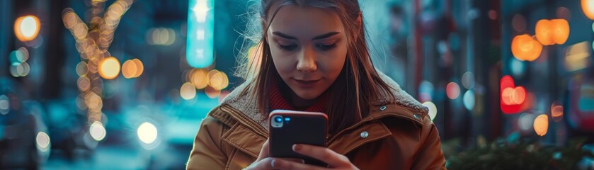 A young woman is looking at her phone in the city at night.