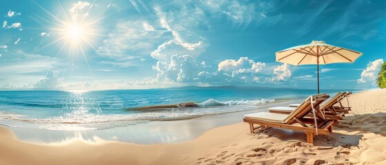 Beautiful beach. Chairs on the sandy beach near the sea. Summer holiday and vacation concept for tourism. Inspirational tropical landscape. Tranquil scenery, relaxing beach, tropical landscape design