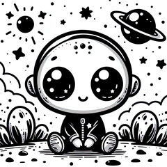 Eine minimalistische schwarz weiße Vektorgrafik eines kleinen Aliens