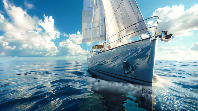 A luxurious image showcasing a sleek yacht gliding gracefully across the sparkling waters of the open sea. The yacht's polished hull glistens in the sunlight