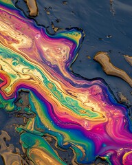 Colorful oil spill on water surface creating a psychedelic pattern