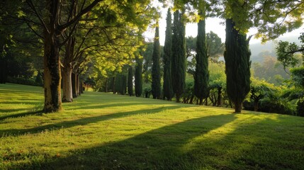 Sunlight filtering through trees in a serene park