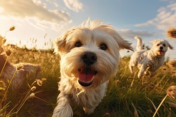 Joyful Dog Playing in The Grass Field