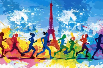 Colorful Illustration of Paris Marathon Runners with Eiffel Tower. Generative AI.