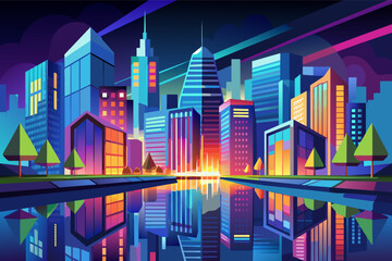 The colorful reflections of city lights dancing on the surface  calm river, creating a mesmerizing display of urban beauty