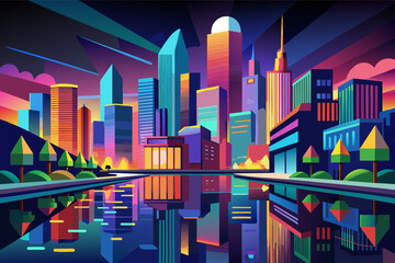 The colorful reflections of city lights dancing on the surface  calm river, creating a mesmerizing display of urban beauty