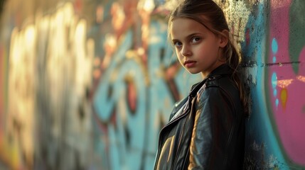 Fototapeta premium Young girl posing in front of a graffiti wall at sunset