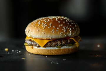 Juicy cheeseburger with sesame bun on dark background