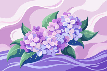 Soft lavender hydrangeas cascade in gentle waves, filling the scene with a sense of tranquility