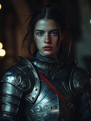 Naklejka premium Portrait of a Young Woman in Medieval Armor