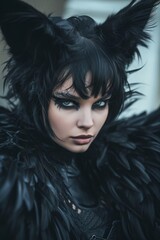 Mysterious person in a dark, feathered costume with feline ears