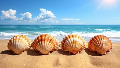 Fototapeta na wymiar Starfish and seashells on seashore - beach holiday background. Generative AI.