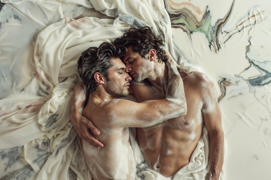 Two men in love, gay couple, LGBTQ+, young men kissing and hugging