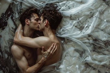 Two men in love, gay couple, LGBTQ+, young men kissing and hugging
