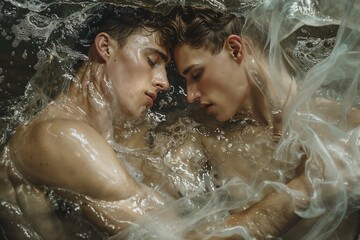 Two men in love, gay couple, LGBTQ+, young men kissing and hugging