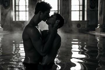 Two men in love, gay couple, LGBTQ+, young men kissing and hugging