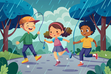 Picture children taking turns jumping rope in the rain, the rhythmic sound of the skipping rope blending with the patter of raindrops on the pavement