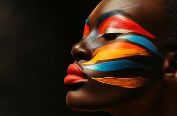 Artistic makeup with vibrant colors on a woman's face
