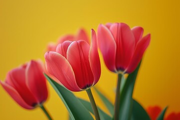 Vibrant Red Tulips Against a Sunny Yellow Background