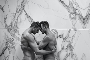 Two men in love, gay couple, LGBTQ+, young men kissing and hugging