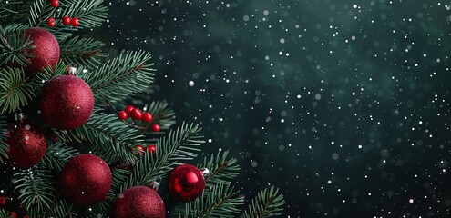 Festive Christmas Ornaments on a Tree with Snowfall