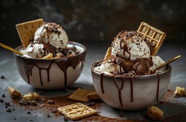 Delicious Ice Cream Sundaes with Chocolate Drizzle and Wafers